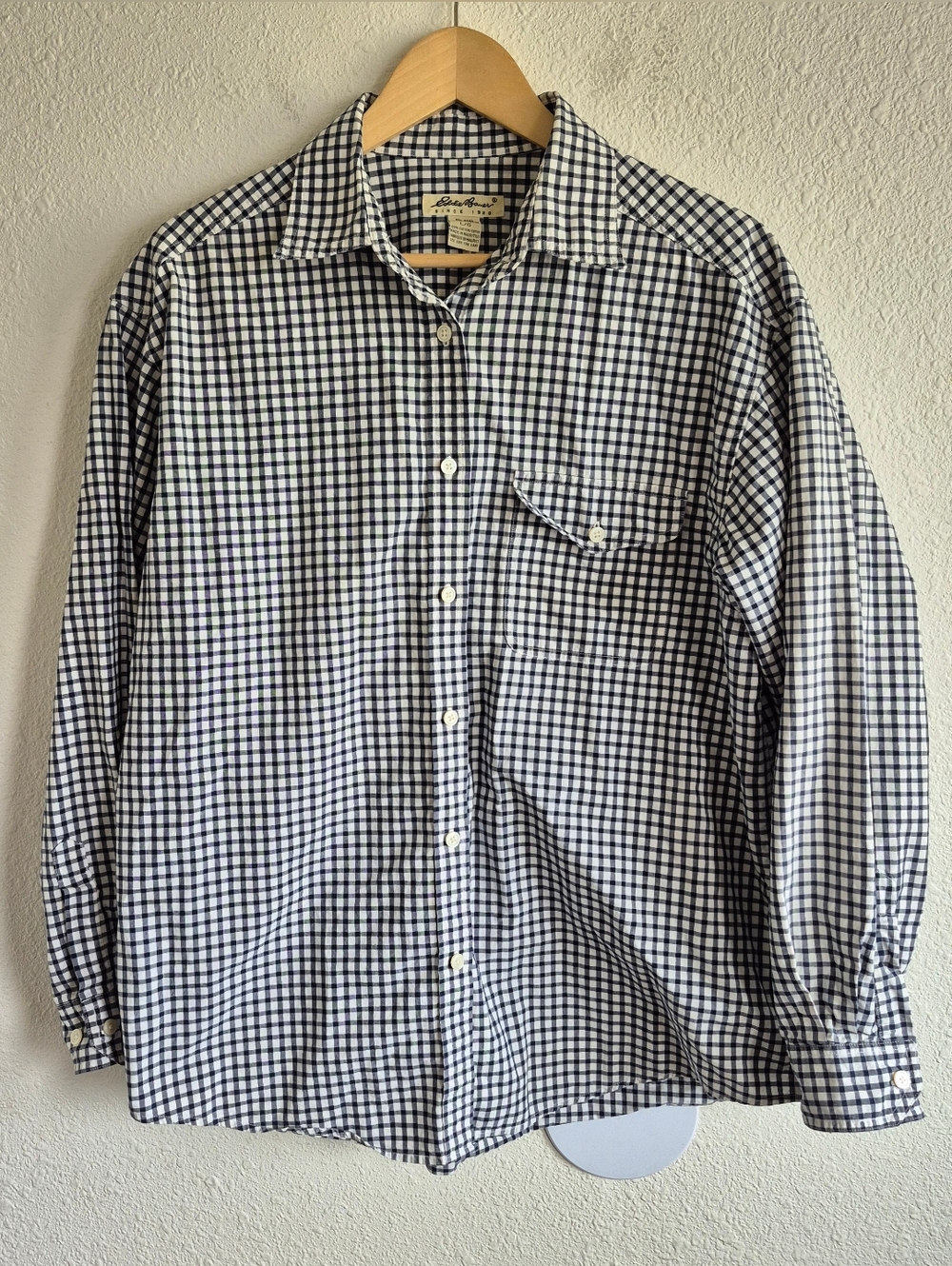 Eddie Bauer Blue White Gingham Button Down Top Womens Size L